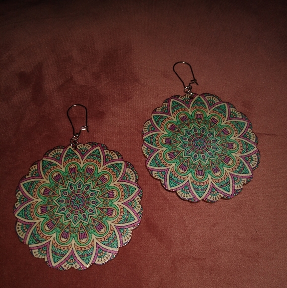 BOGO SALE Big Bohemian Flower Mandala Earrings Wood Purple Green Hippie Festival - Picture 5 of 10